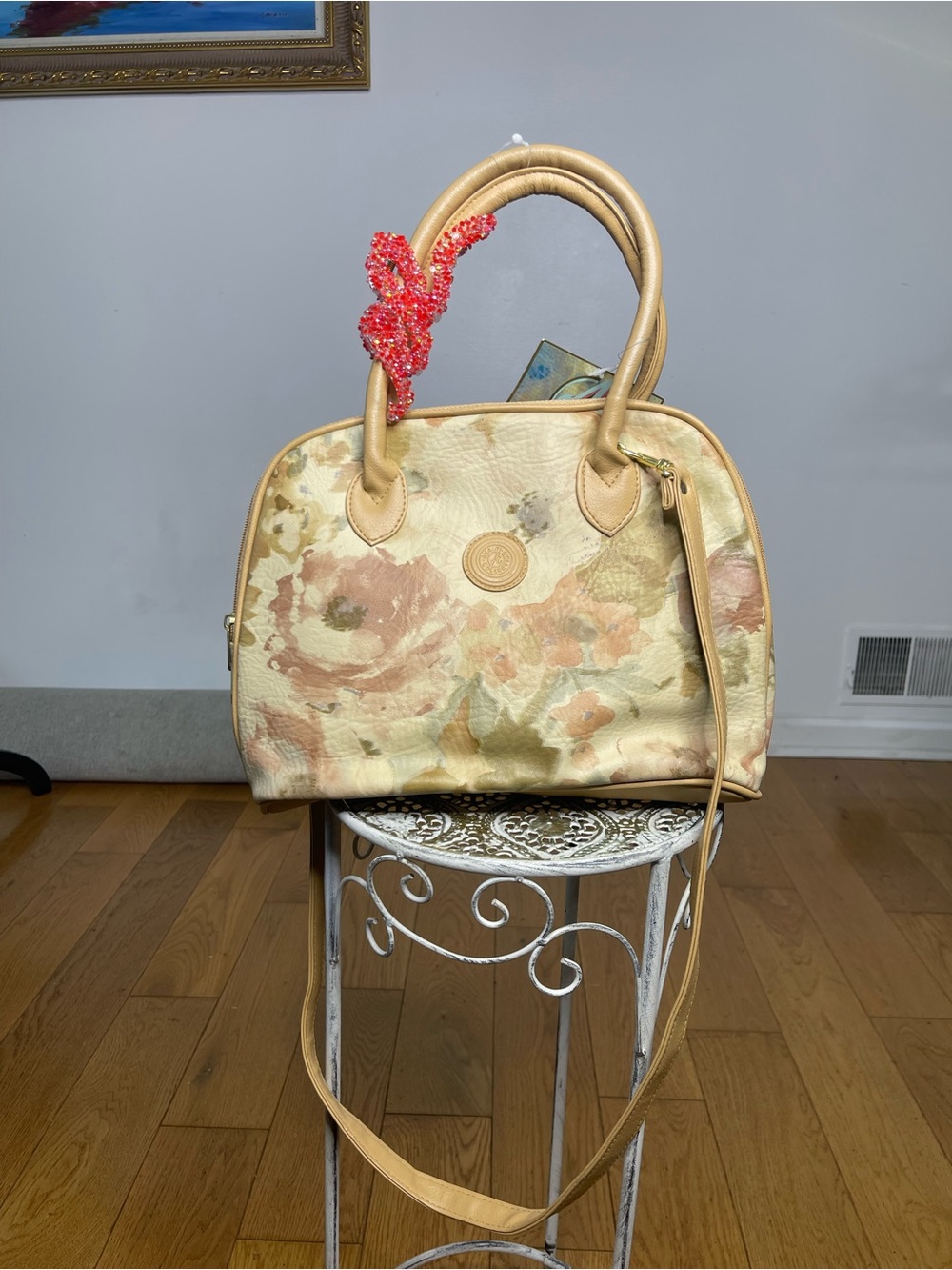 Vintage Beige Floral Satchel with Tan Trim